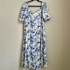 Blue and White Midi Dress with Slit